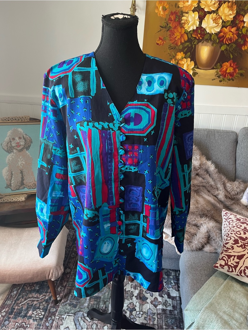 Women’s Vintage Vibrant Abstract Print Button-Front Blouse shirt top size M/L